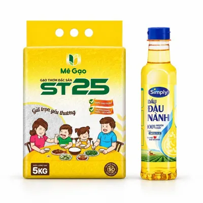 Combo Gạo thơm đặc sản ST25 Mê Gạo túi 5kg + Dầu đậu nành Simply chai 400ml