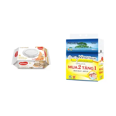 Combo Khăn ướt lau sạch dưỡng ẩm Huggies gói 72 miếng + Lốc khăn giấy rút Vinatissue Premier 280 tờ 2 lớp 500g
