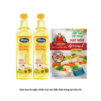Combo nêm nấu tiện lợi: 2 chai dầu hướng dương Simply 1L và hạt nêm vị heo Neptune 850g