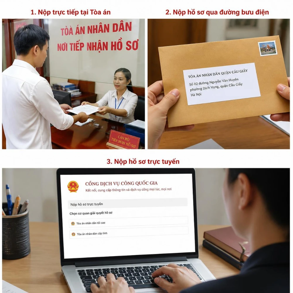 Ba phương thức nộp hồ sơ khởi kiện tại Tòa án gồm nộp trực tiếp, qua bưu điện và trực tuyến. (Ảnh được tạo bởi AI)