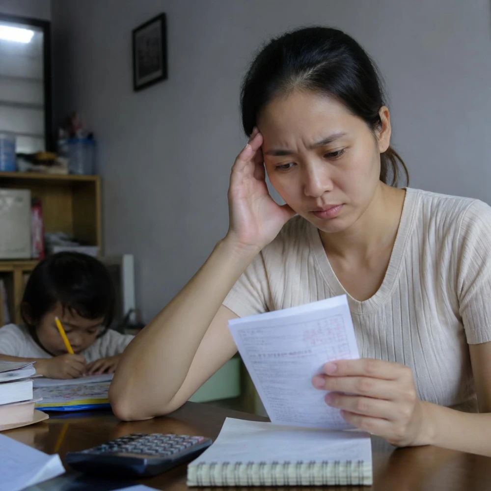 Áp lực tài chính là nỗi lo thường trực của mẹ đơn thân nuôi con một mình. (Ảnh được tạo bởi AI)