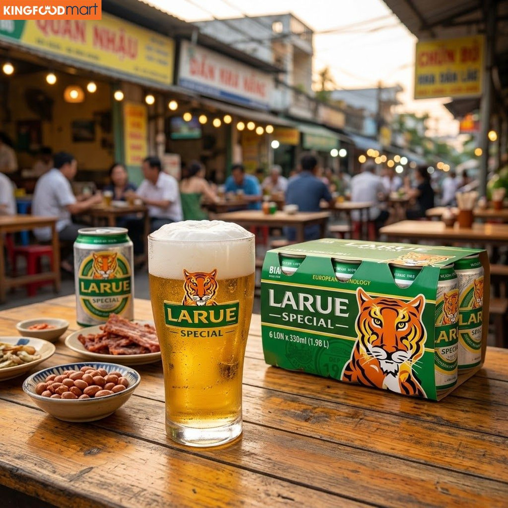 Màu sắc vàng sậm và hương vị đặc trưng là điểm nhấn giúp bia Larue chinh phục người sành bia từ năm 1909.