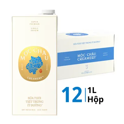 Thùng 12 hộp sữa tươi tiệt trùng Mộc Châu Creamery ít đường 1L