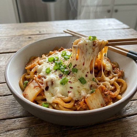 Mì Udon Xào Kim Chi Phô Mai Nóng Hổi Cho Bữa Tối Nhanh Gọn