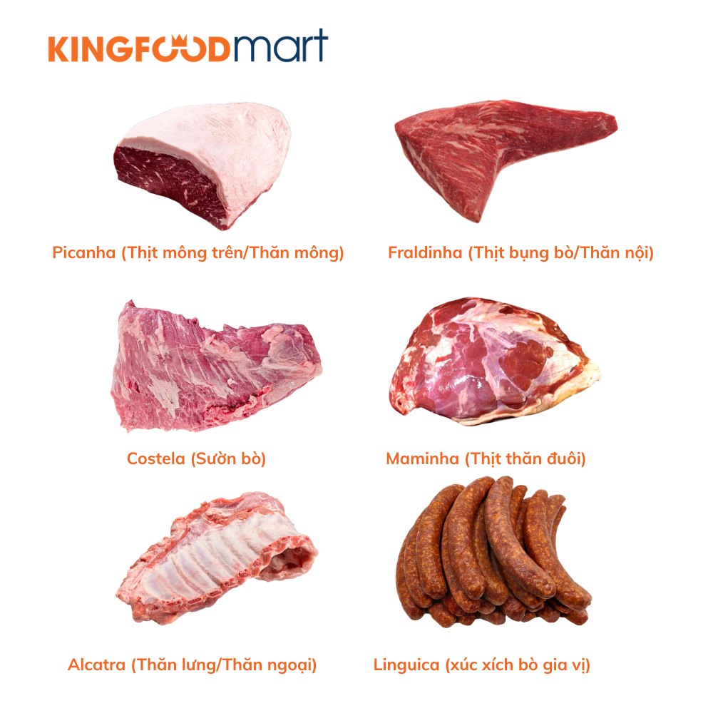 Các phần thịt bò nướng Churrasco phổ biến nhất.