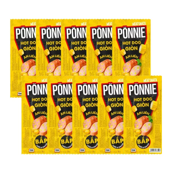 Combo 10 cây xúc xích hotdog Ponnie giòn ăn liền vị bắp 28g