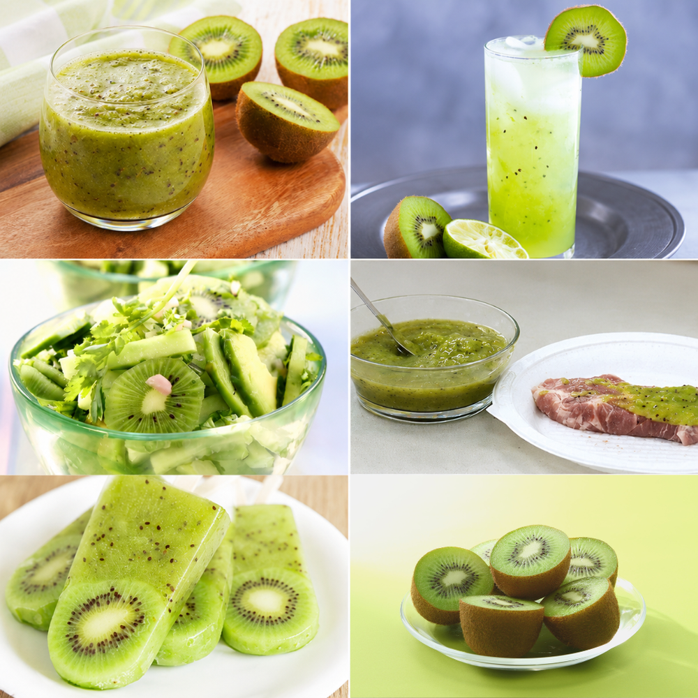 Các món ăn ngon từ trái kiwi gồm sinh tố salad và kiwi tươi.