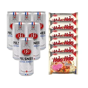 Combo 6 lon bia 333 Pilsner 4.3% 330ml và 6 gói mì Hảo Hảo kim chi
