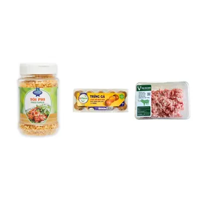 Combo Trứng đúc thịt chiên giòn: Tỏi phi Minh Hà hũ + Trứng gà lòng đỏ đậm màu VFarm + Nạc heo xay Vĩnh Tân Foods