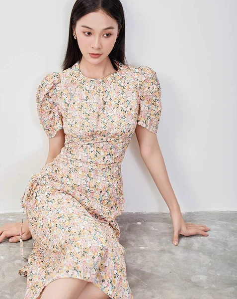 Đầm lửng rút nhún in hoa nữ tính