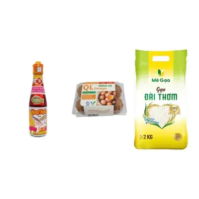 Combo Nước mắm cá cơm nhĩ 38N Hưng Thịnh + Trứng gà tươi Omega & DHA QL + Gạo đài thơm Mê Gạo