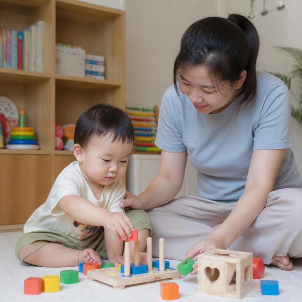 Trẻ dưới 2 tuổi tương tác thực tế thay vì xem điện thoại để não bộ phát triển. (Ảnh được tạo bởi AI)
