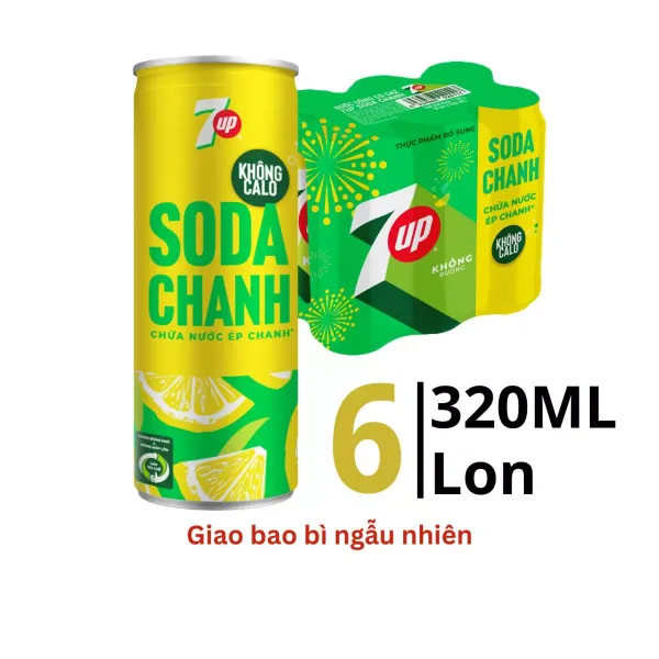 Lốc 6 lon nước ngọt 7Up soda chanh không calo 320ml