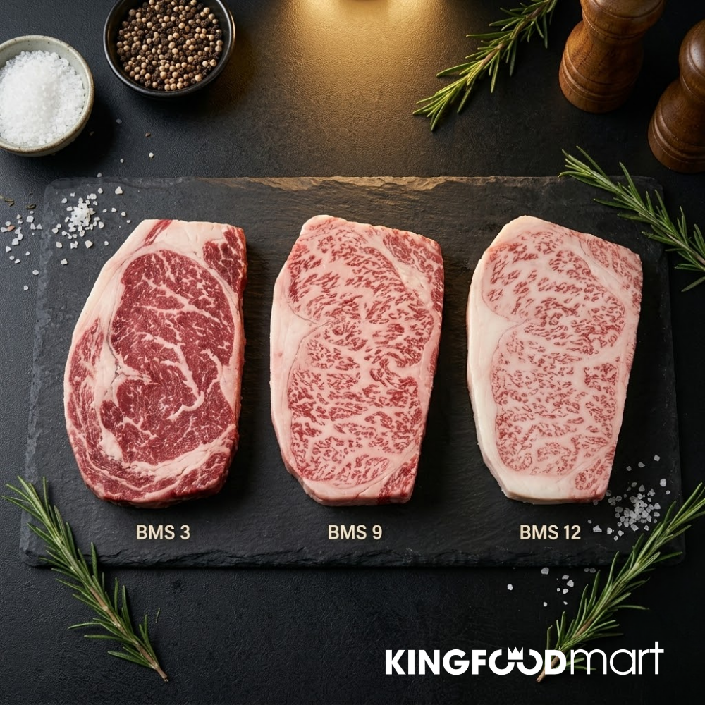 Vân mỡ bò Wagyu BMS 9 dưới kính hiển vi tạo nên sự khác biệt hoàn toàn khi so sánh bò Wagyu và Angus.