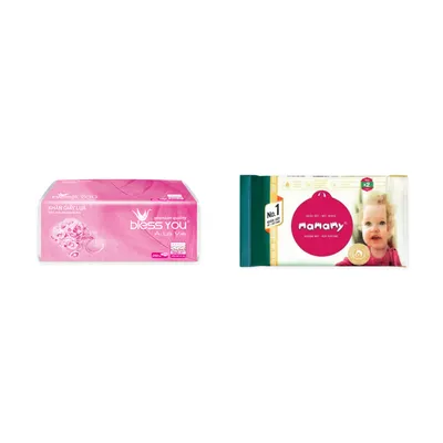 Combo Khăn giấy rút soft pack Bless You 2 lớp gói 250 tờ + Khăn ướt vệ sinh không mùi Mamamy gói 100 tờ