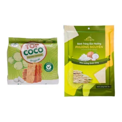 Combo Bánh dừa nướng Topcoco gói 150g (1 Gói) + Bánh tráng dừa nướng Phương Nguyên gói 45g