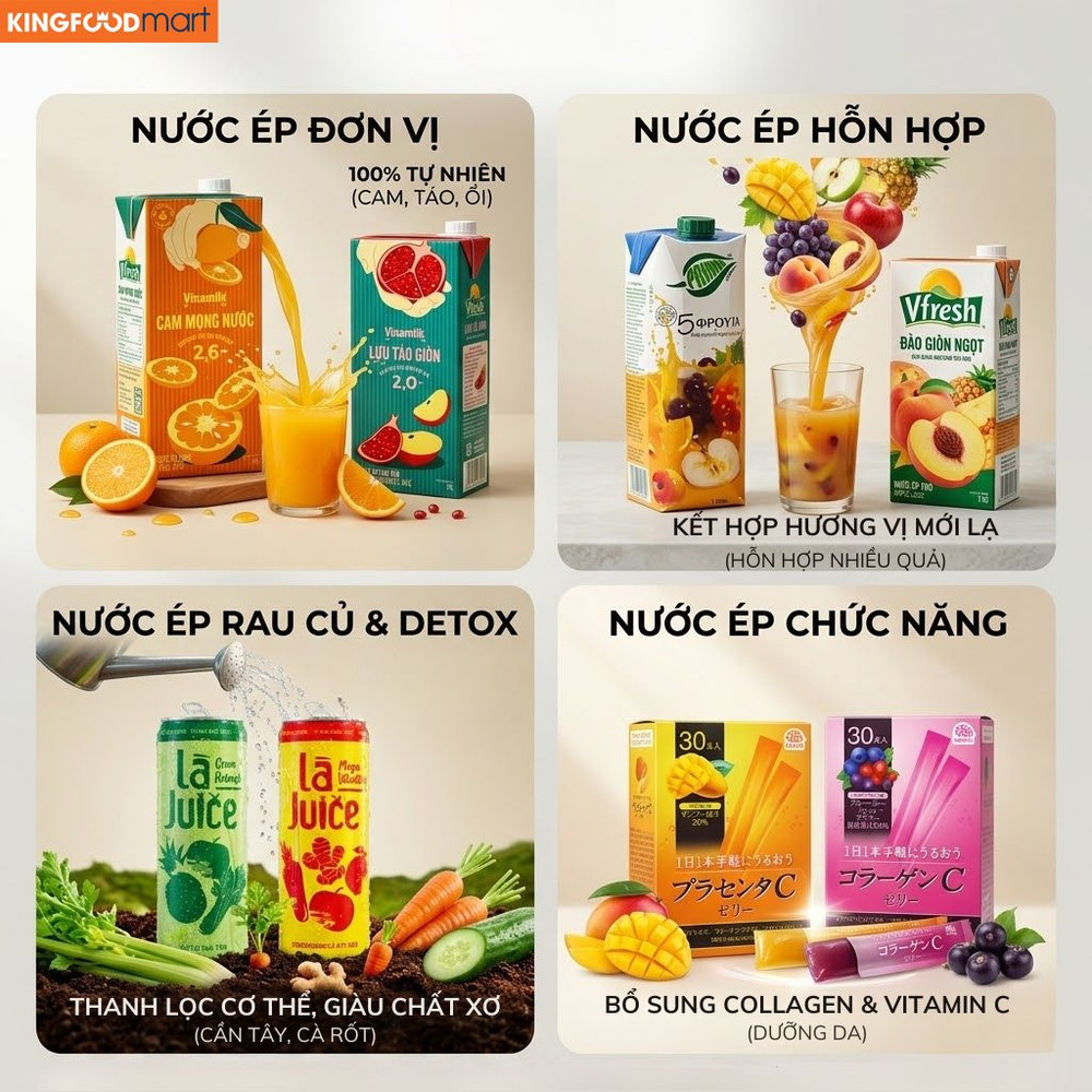 Các dòng nước ép đóng hộp phổ biến từ trái cây nguyên chất đến hỗn hợp rau củ giàu dinh dưỡng.