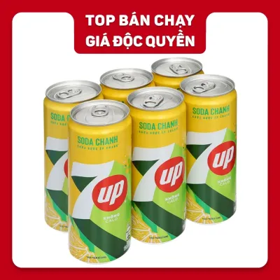 Lốc 6 lon nước ngọt 7Up soda chanh không calo 320ml