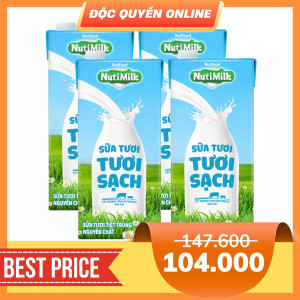 Combo sữa tươi tươi sạch không đường Nuti hộp 1L (4 Hộp)