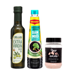 Combo Bếp lành: dầu olive, muối hồng Himalaya, nước tương giảm muối