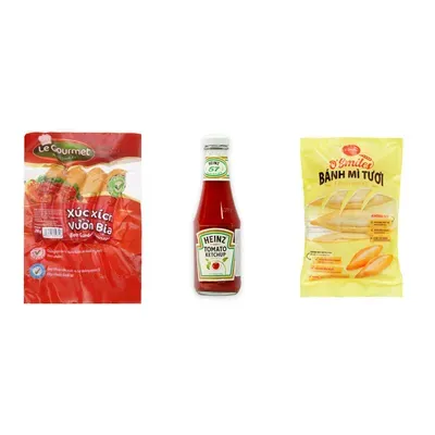 Combo Xúc xích vườn bia Le Gourmet 10cm + Tương cà chua SS Heinz + Bánh mì tươi đông lạnh O'Smiles
