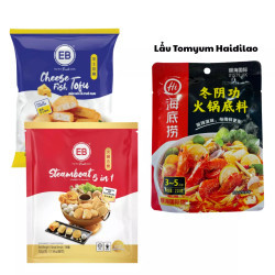 Combo Lẩu Tomyum chua cay: Cốt lẩu Haidilao, đậu hũ cá phô mai 500g, Combo lẩu viên hải sản 500g
