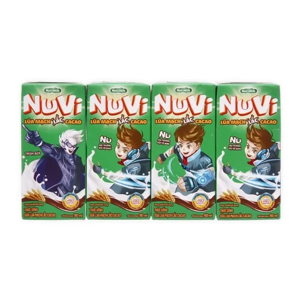 Lốc 4 hộp thức uống sữa lúa mạch Nuvi vị cacao 180ml