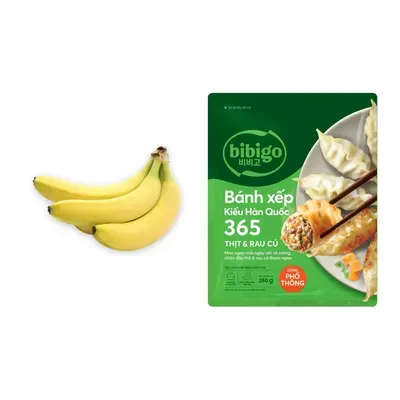 Combo Chuối già giống Nam Mỹ nhánh 1.1Kg (1 nhánh) + Bánh xếp kiểu Hàn Quốc 365 thịt và rau củ Bibigo gói 350g