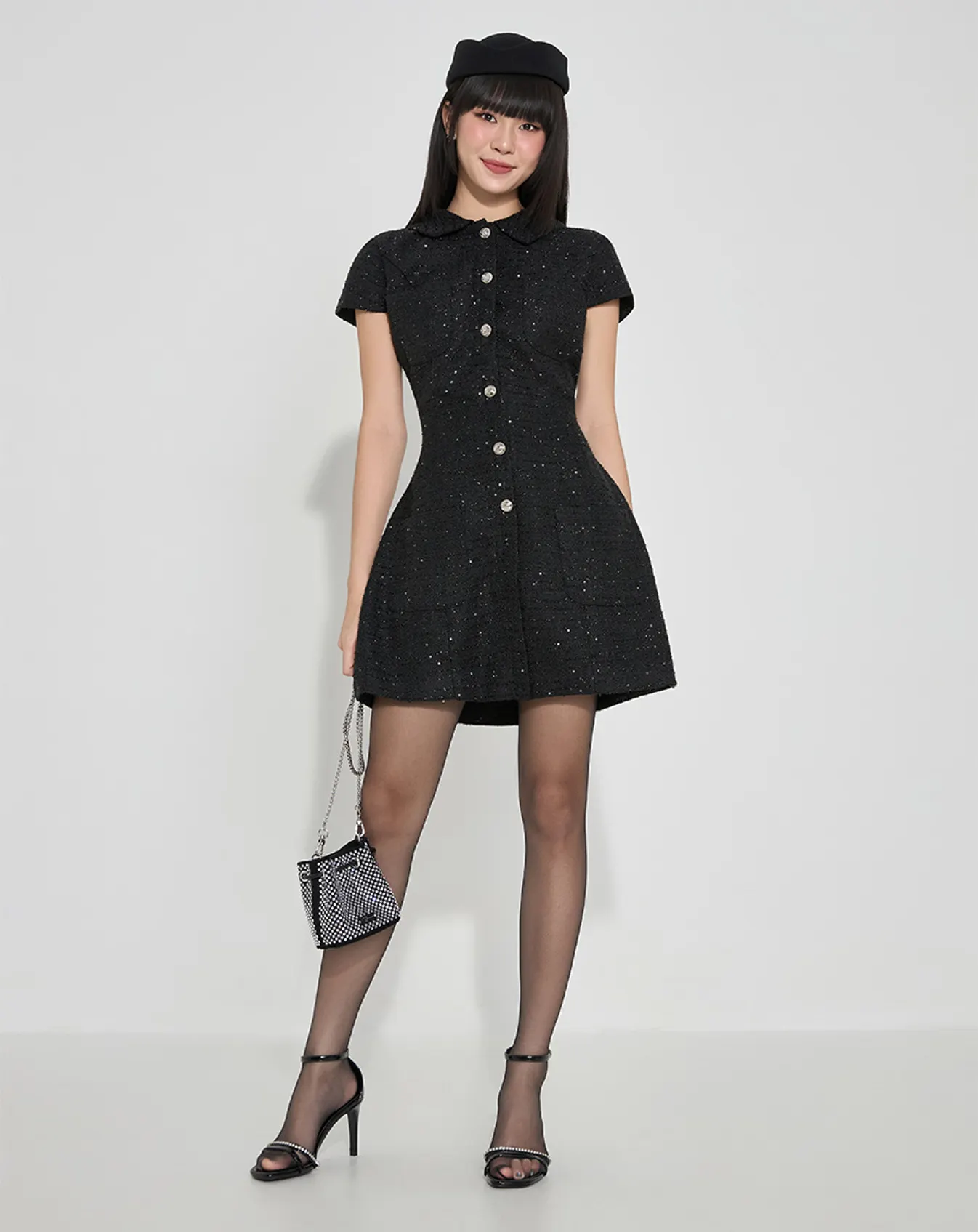 Đầm mini vải tweed phối nút silver - Image 2