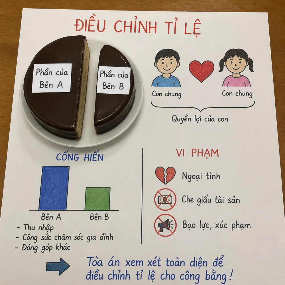 Tài sản chung không chia đều 50/50 mà Tòa án điều chỉnh dựa trên công sức, hoàn cảnh và cả lỗi vi phạm. (Ảnh được tạo bởi AI) 