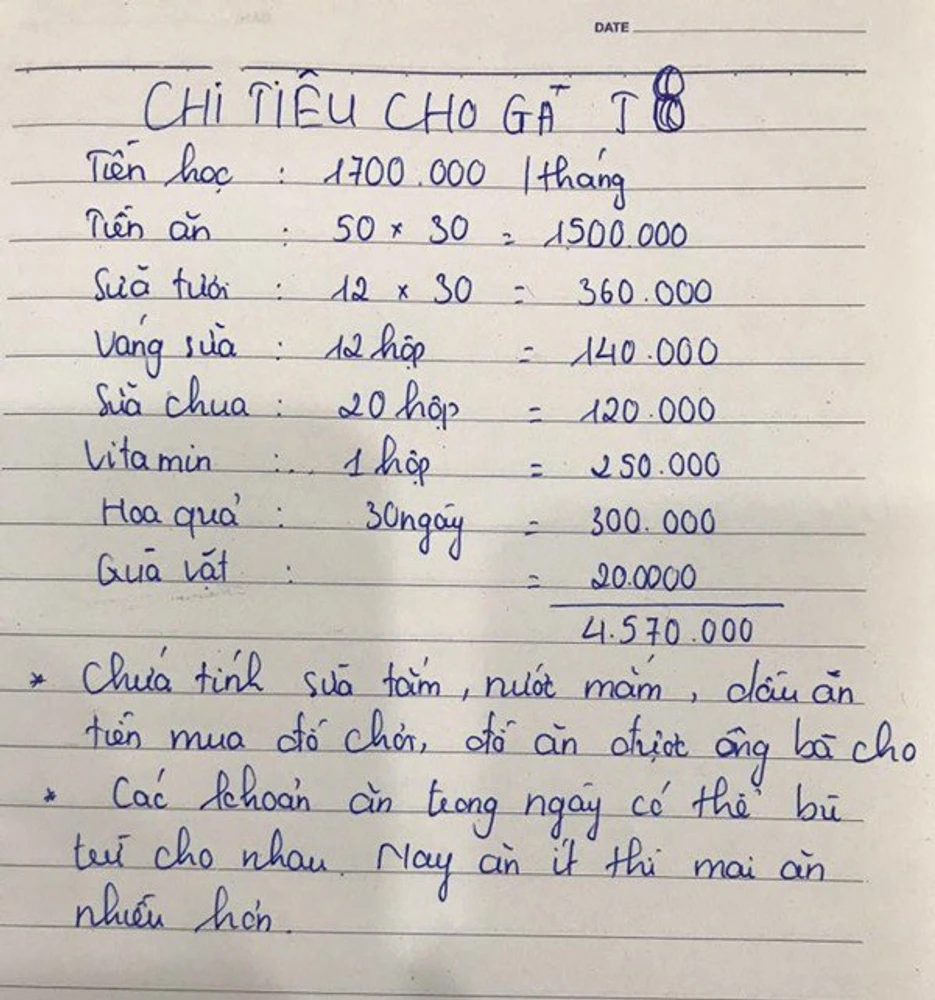 Bảng thống kê chi tiêu của 1 mẹ có 1 con nhỏ 2 tuổi chưa đi học nhưng tính sơ sơ các khoản cũng đã gần 5 triệu cho bé. (Nguồn: Internet)