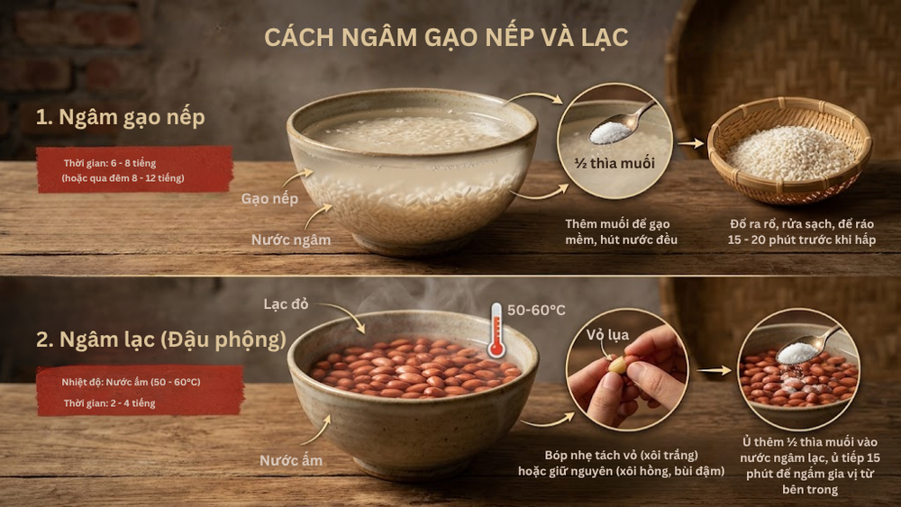 Ngâm gạo nếp và lạc là bước không thể bỏ qua trong cách làm xôi lạc chuẩn vị truyền thống. 