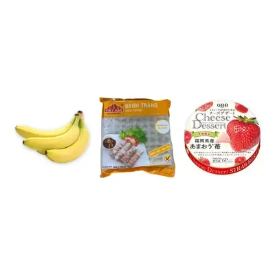 Combo Nem chuối: Chuối già giống Nam Mỹ + Bánh tráng 16cm Việt San + Phô mai Nhật vị dâu QBB