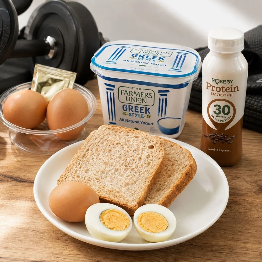 Đồ ăn sáng nhanh giàu protein cho người tập gym và vận động thể thao buổi sáng. (Ảnh được tạo bởi AI)