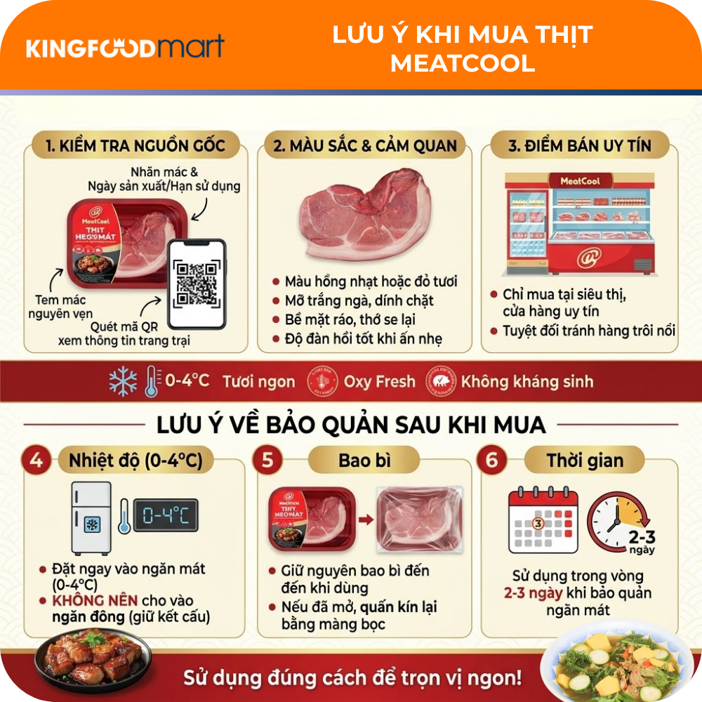 Quan sát kỹ màu sắc tươi hồng và kiểm tra tem mác, mã QR trên bao bì để đảm bảo mua đúng thịt MeatCool chuẩn chất lượng.