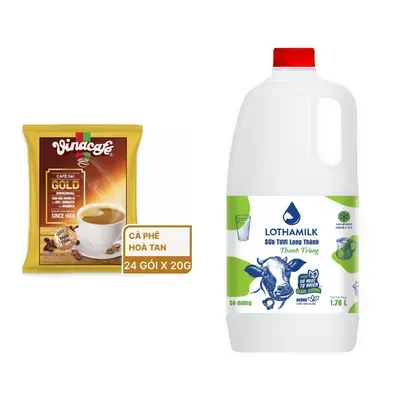 Combo Cà phê sữa 3in1 VinaCafé Gold Original túi 24 gói x 20g + Sữa thanh trùng có đường Lothamilk chai 1760ml