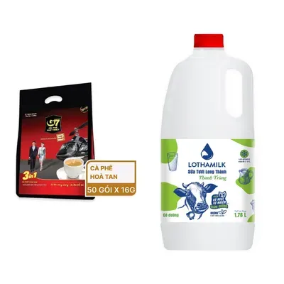 Combo Cà phê sữa 3in1 G7 túi 50 gói x 16g (1 Túi) + Sữa thanh trùng có đường Lothamilk chai 1760ml
