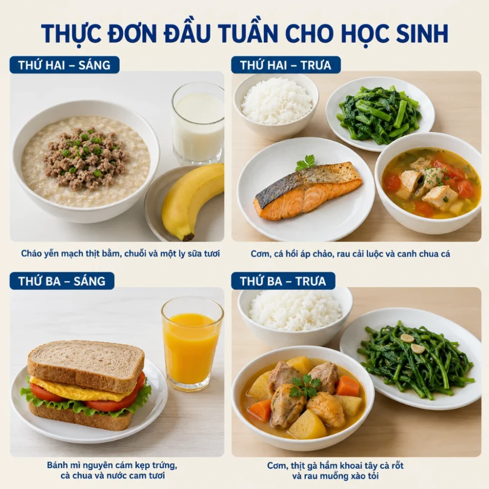 Thực đơn đầu tuần cho học sinh với cá hồi bổ não, rau xanh tăng đề kháng. (Ảnh được tạo bởi AI)