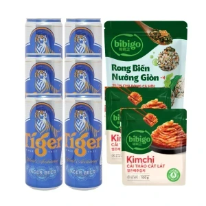 Combo 6 lon bia Tiger nâu 330ml, rong biển nướng cá hồi 45g, 2 gói kim chi 100g