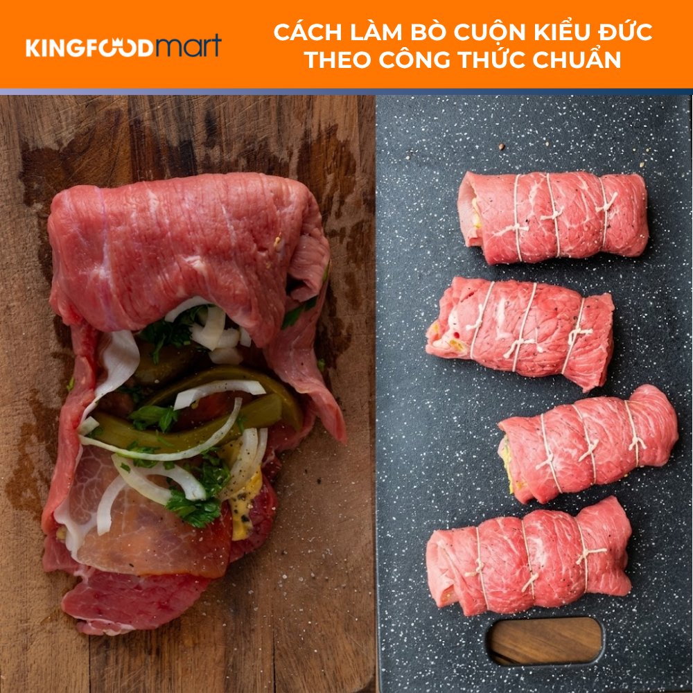 Các nguyên liệu được xếp ngay ngắn trên miếng bò và được cố định bằng dây buộc.