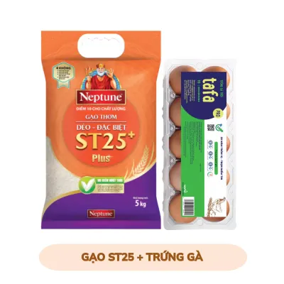 Combo Gạo Neptune ST25+ thơm dẻo đặc biệt 5kg và hộp trứng gà sạch pro Tafa 10 quả