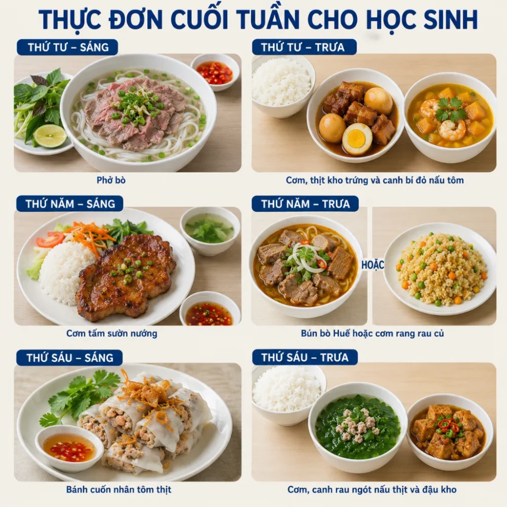 Thực đơn cuối tuần học cho học sinh phong phú và giàu dinh dưỡng. (Ảnh được tạo bởi AI)