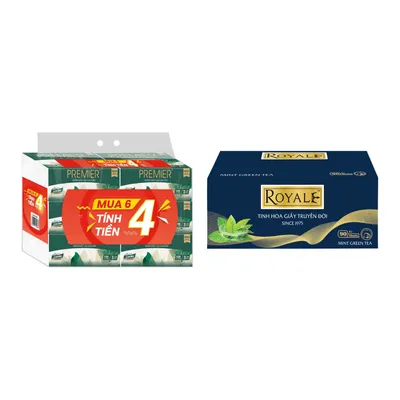Combo Lốc 4 gói khăn giấy lụa cao cấp Premier 100 tờ 3 lớp + Khăn giấy hộp cao cấp 90 tờ 4 lớp Royale