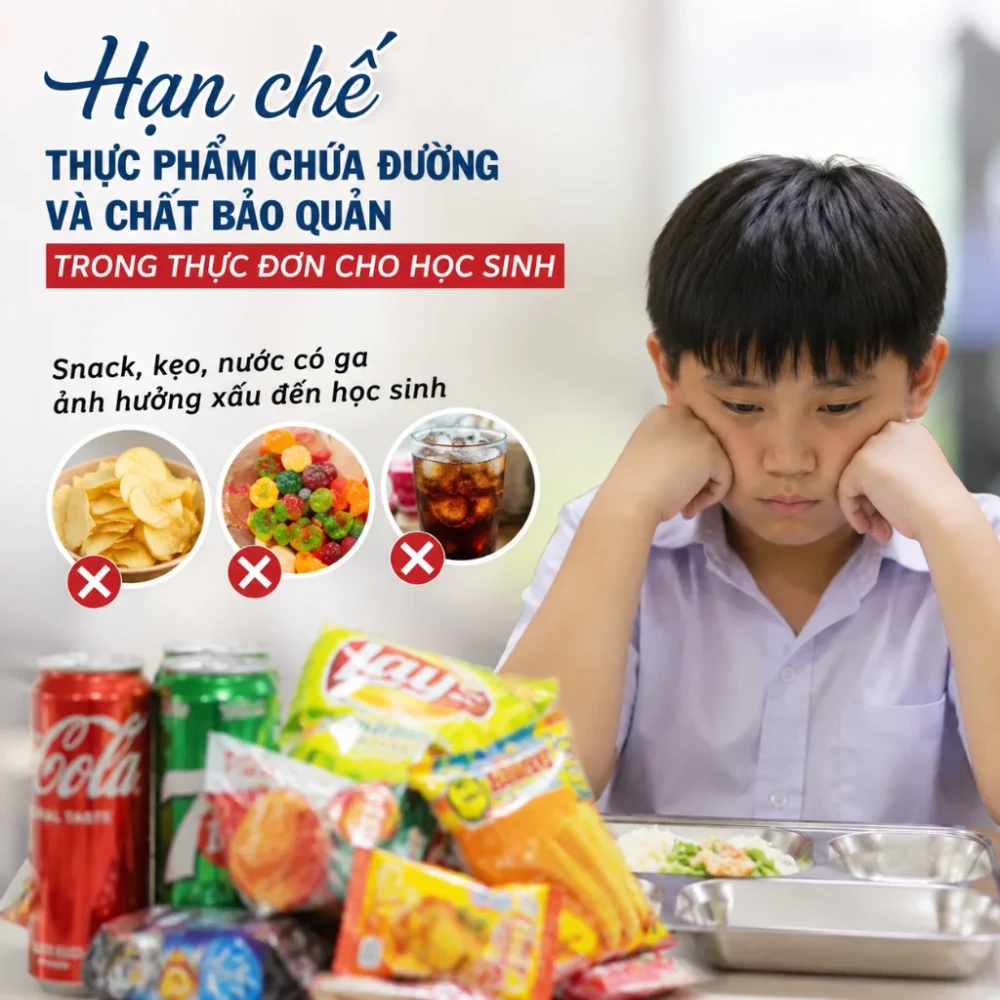 Hạn chế thực phẩm chứa đường và chất bảo quản trong thực đơn cho học sinh. (Ảnh được tạo bởi AI)