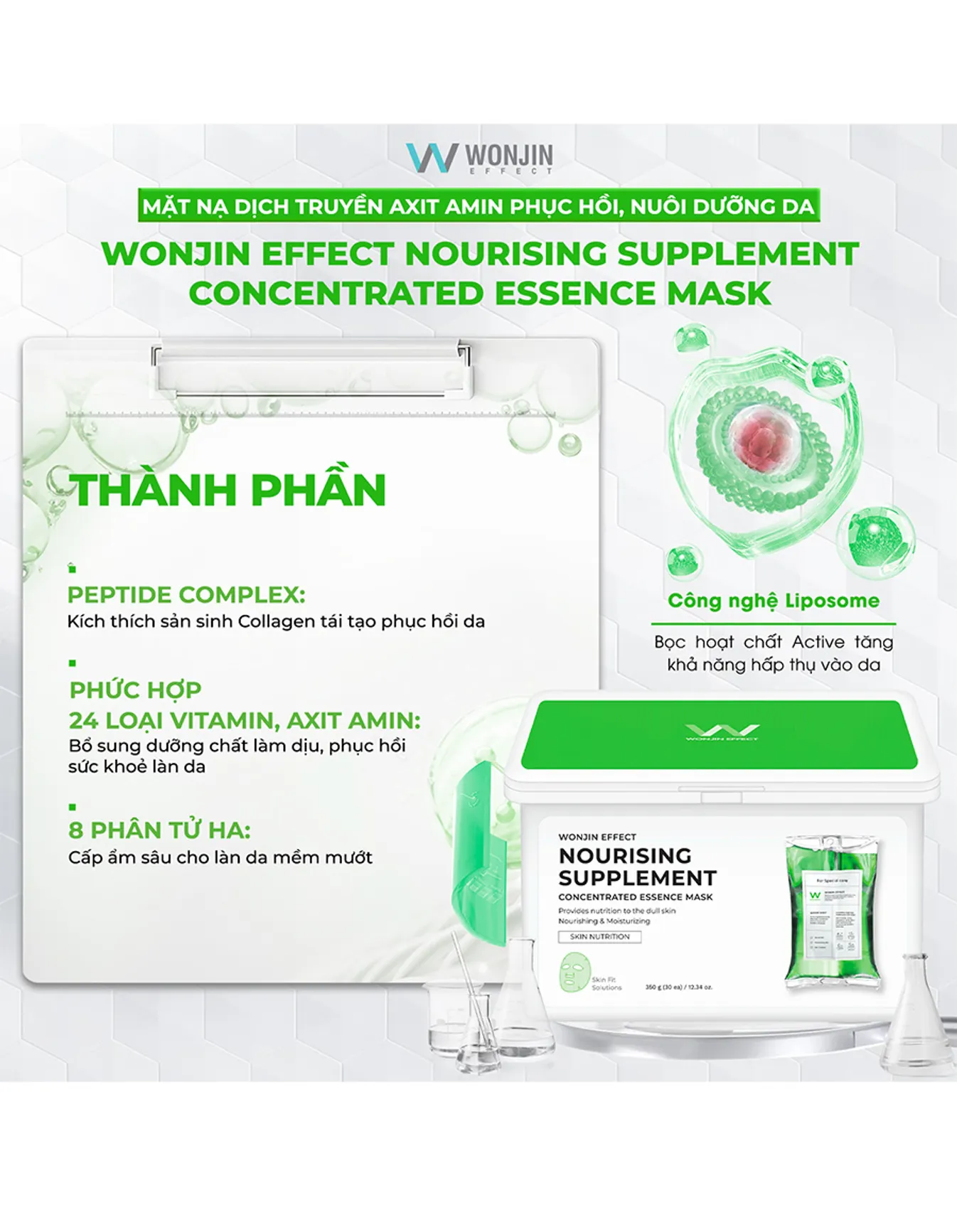 Hộp 30 Mặt Nạ Giúp Dưỡng Da Chuẩn Clinic Mỗi Ngày WonJin Effect Mask 350g - Xanh lá phục hồi - Image 1