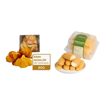 Combo Bánh Croissant trứng muối Bon 80g (1 Cái) + Bánh su kem Savoure hộp 150g
