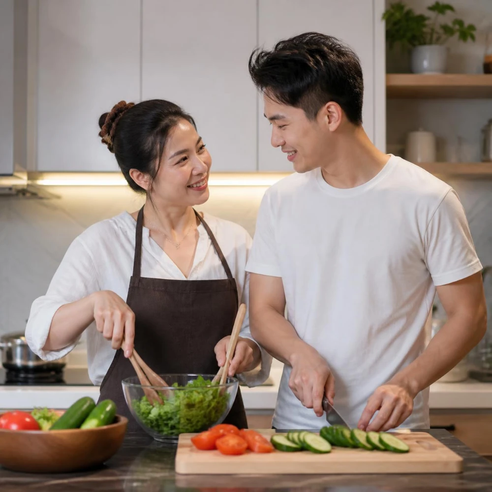 Ý tưởng hẹn hò trai trẻ cùng nhau nấu ăn tại nhà tạo gắn kết tự nhiên và ý nghĩa. (Ảnh được tạo bởi AI)