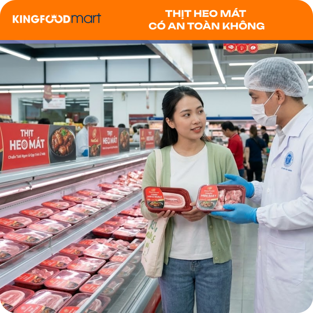 Khách hàng mua thịt heo mát đóng khay trong siêu thị và được nhân viên tư vấn về an toàn thực phẩm.
