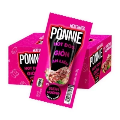 Hộp 20 cây xúc xích hotdog giòn ăn liền Ponnie vị sườn nướng 28g