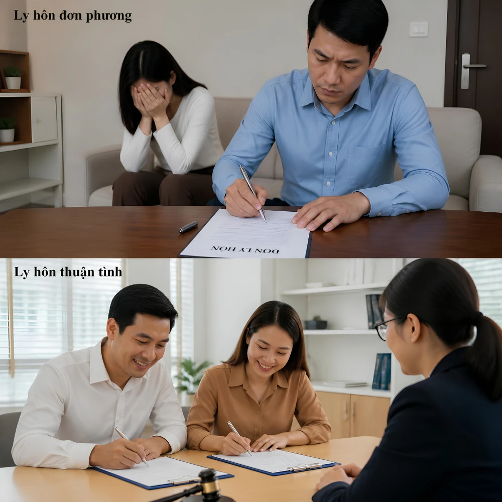 So sánh ly hôn đơn phương và thuận tình ly hôn. (Ảnh được tạo bởi AI)